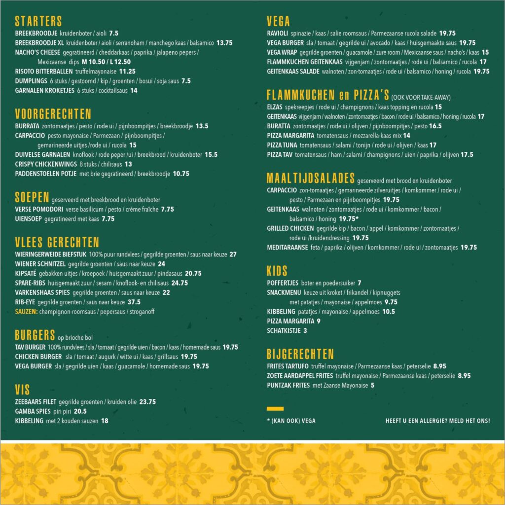 menukaart de Tav Callantsoog