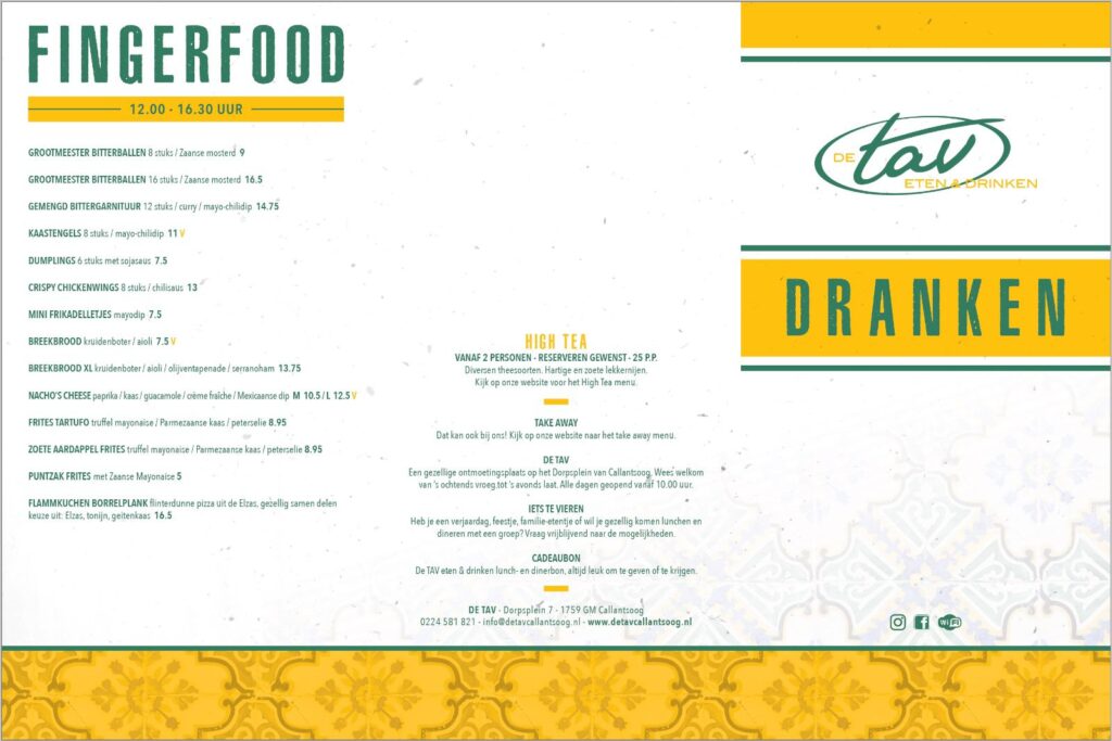 Fingerfood menukaart de Tav Callantsoog