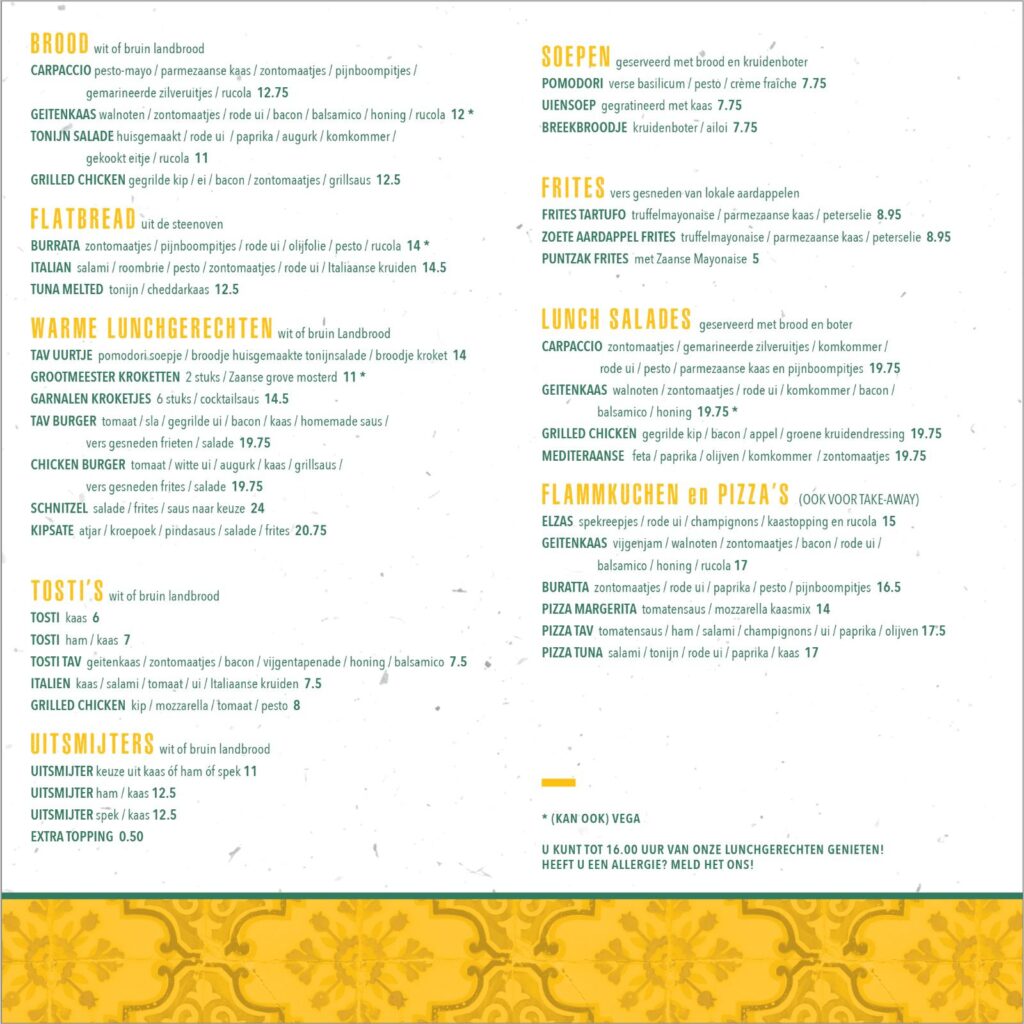 Lunchkaart menu de tav callantsoog